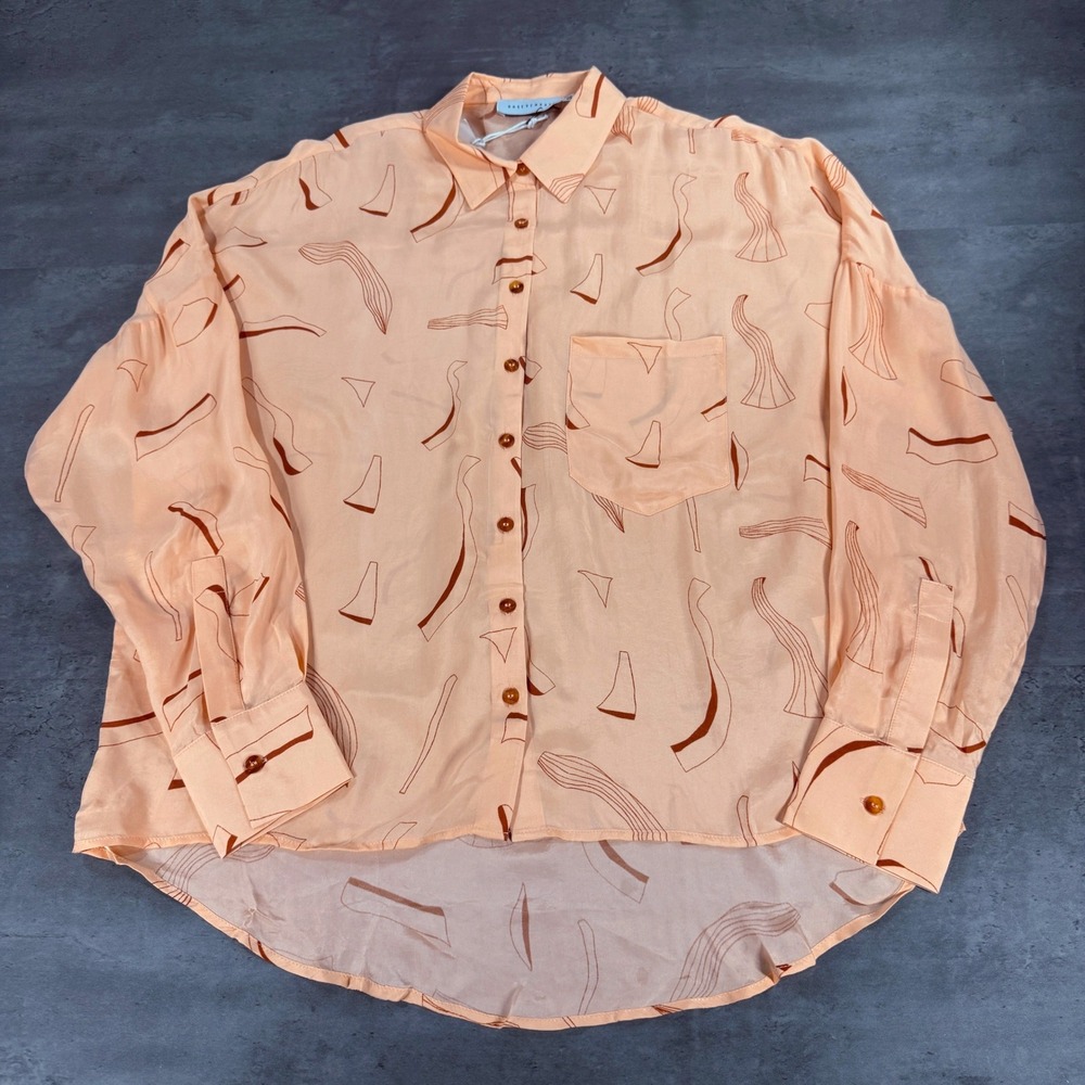 OhSevenDays Cecil Blouse Button Down Shirt OS Peach Abstract Geometric NEW $70